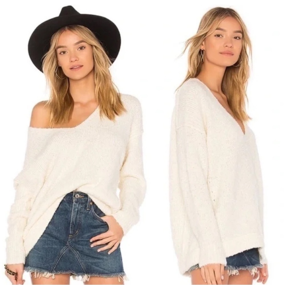Free People Lofty Alpaca‎ Blend V Neck Ivory White Sweater Cozy Women's Medium